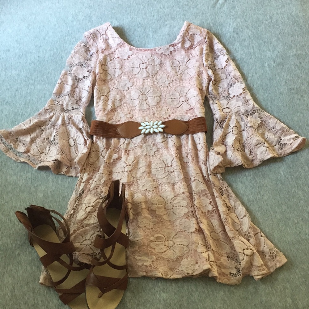 Dusty Rose Lace Dress With Bell Sleeves